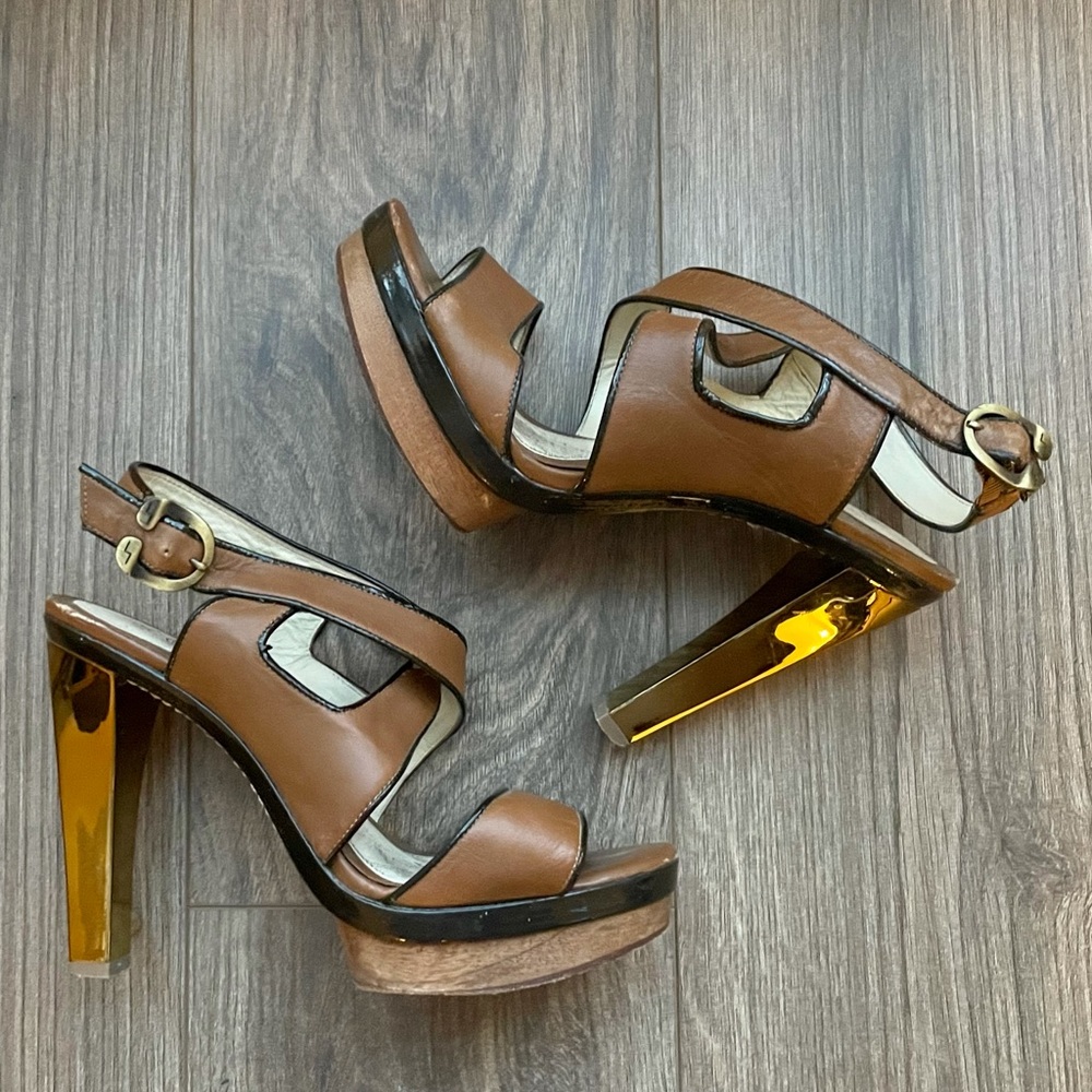 L.A.M.B. Brown Leather Platform Heels with Gold Metallic Block Heel